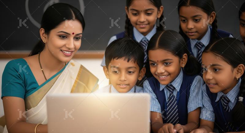 Indian teacher guides a group of school children in uniform as t
