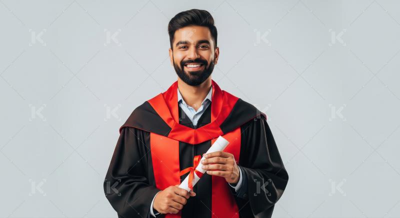 A young male graduate in a black gown with red accents stands pr
