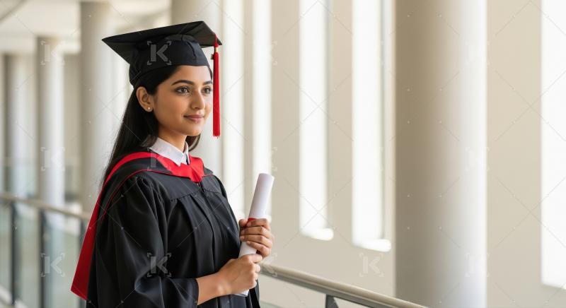 A young woman in a black graduation gown and cap with blue accen