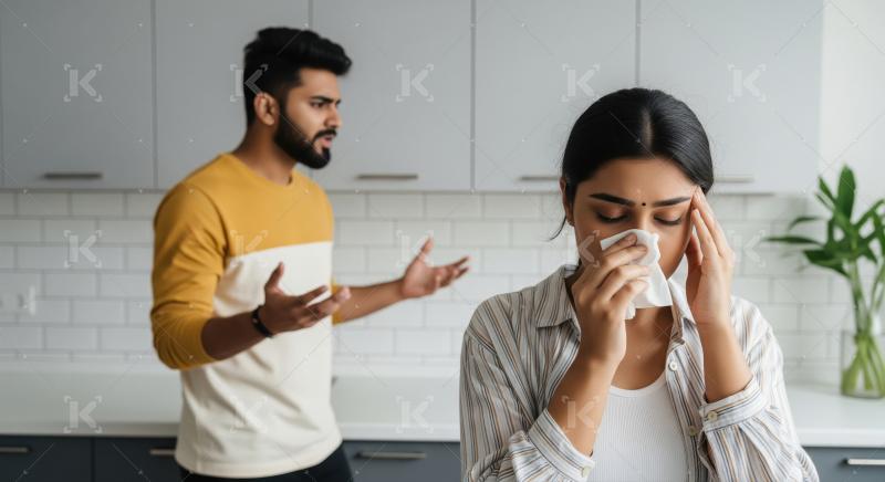 A couple stands in a kitchen, woman looking upset in the foregro