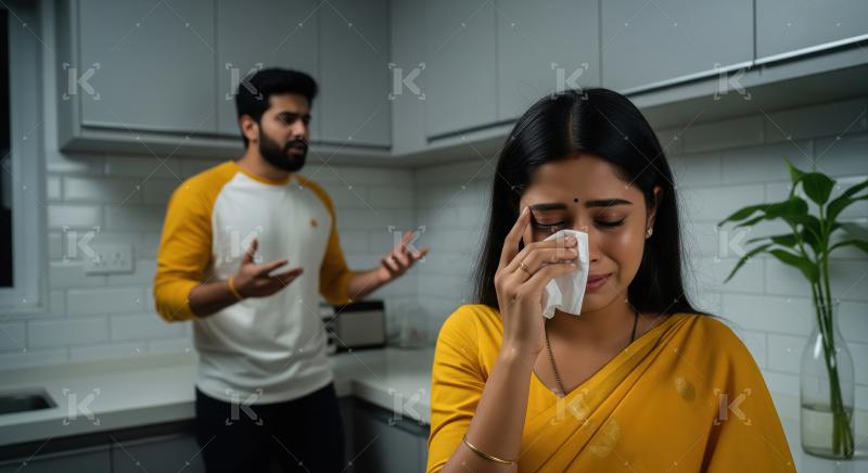 A couple stands in a kitchen, woman looking upset in the foregro
