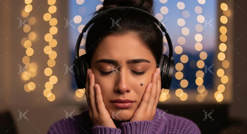 A young woman in sweater enjoys music with headphones, surrounde