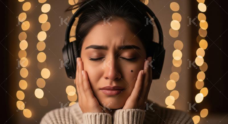 A young woman in sweater enjoys music with headphones, surrounde