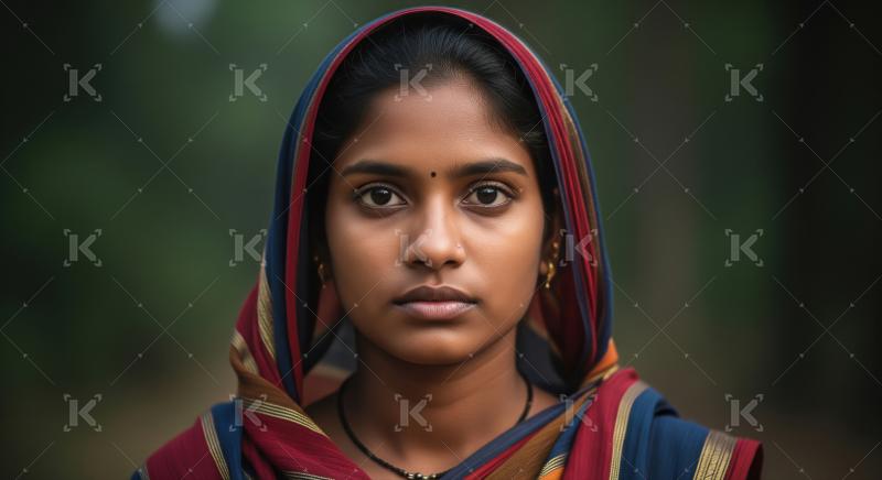 A young rural woman stands outside, dressed in a vibrant striped