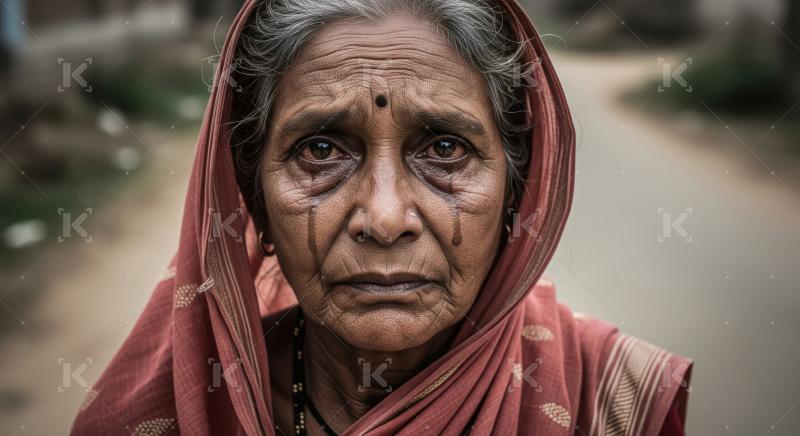An elderly rural woman stands outdoors, dressed in a faded pink