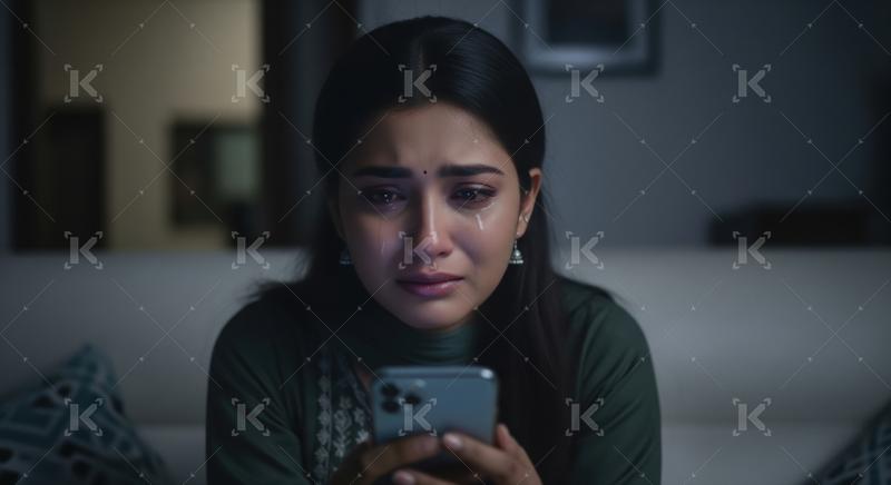A young woman sits indoors, focused on her smartphone while cryi