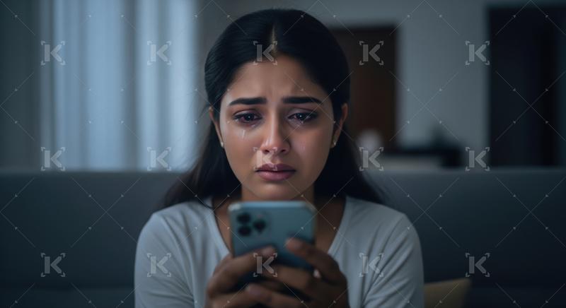 A young woman sits indoors, focused on her smartphone while cryi