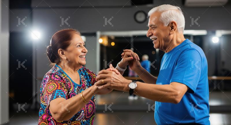 An elderly couple joyfully dances together in a studio, holding