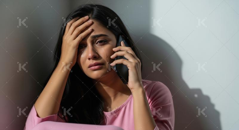 A young woman in a pink top sits against a wall, holding her pho