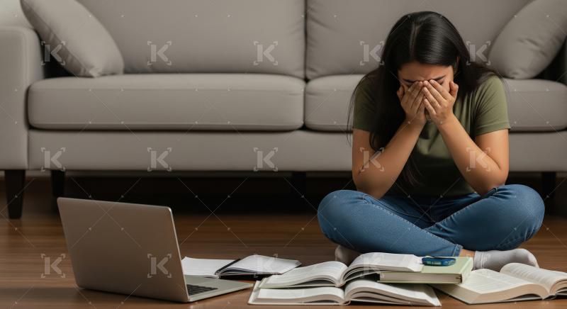 A stressed young woman sits on the floor with her head in her ha