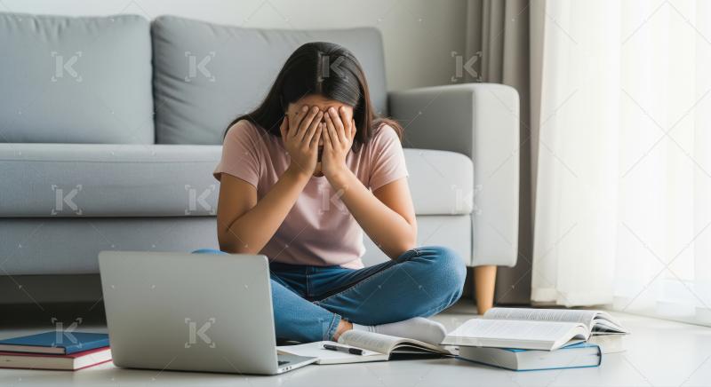 A stressed young woman sits on the floor with her head in her ha
