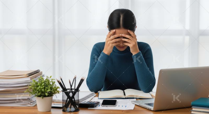 A woman in a blue sweater sits at a cluttered desk with her head