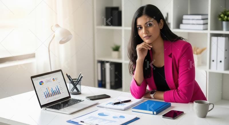 A confident woman in a pink blazer works at her desk with charts