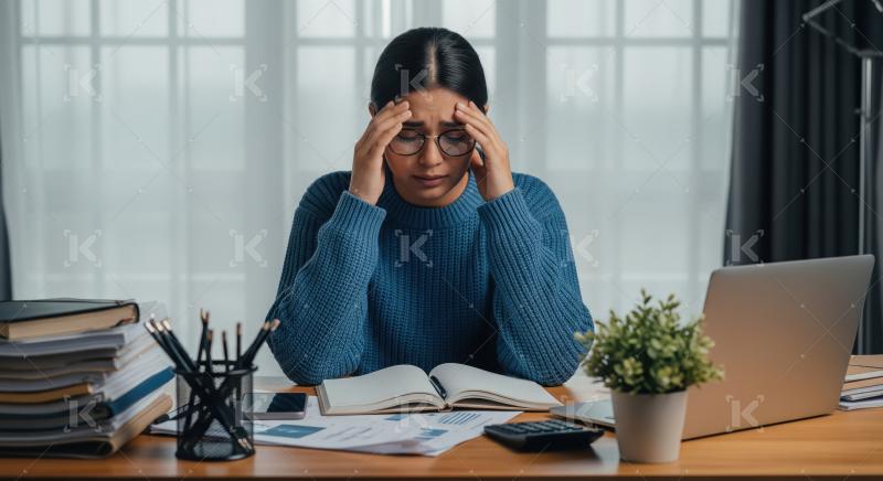 A woman in a blue sweater sits at a cluttered desk with her head