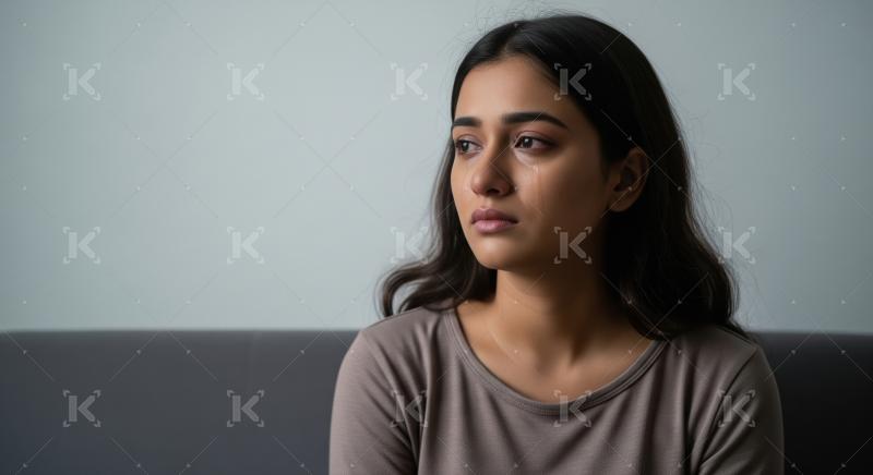 Young woman crying and sitting alone at home