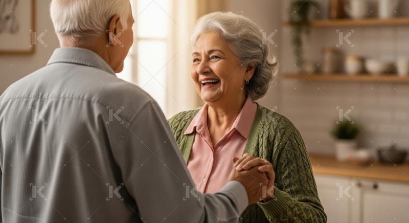 An elderly couple holds hands and shares a warm moment in their