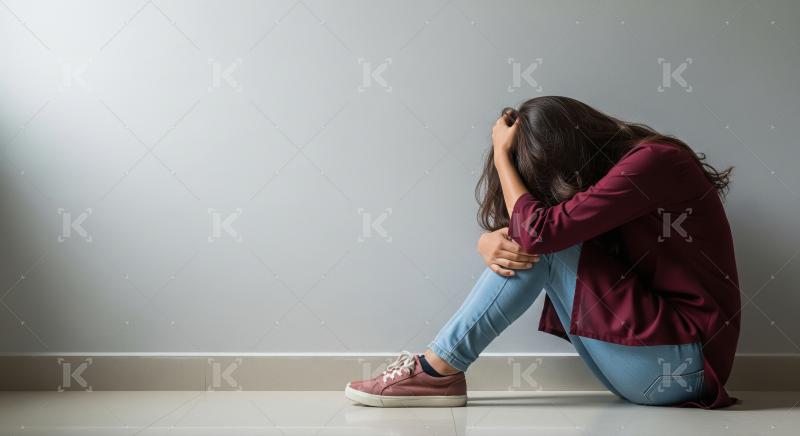 Young woman crying and sitting alone at home