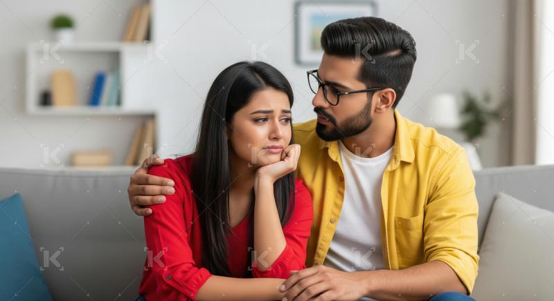 A young man comforts his upset partner on the couch, offering su