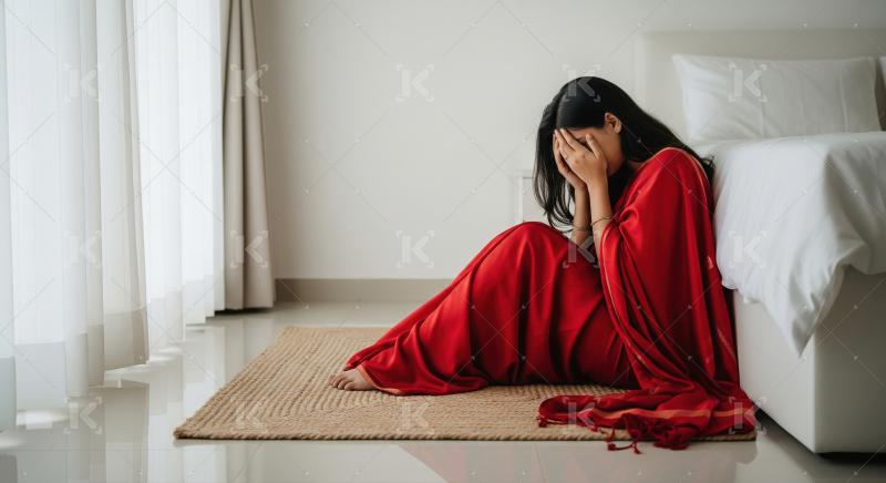 Young woman crying and sitting alone at home