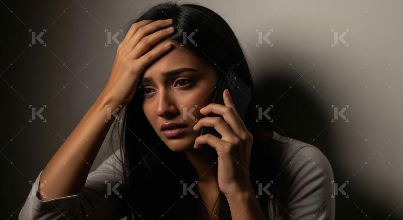 A worried young woman holds her head and talks anxiously on the