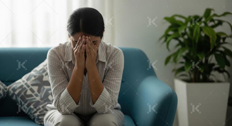 Young woman crying and sitting alone at home