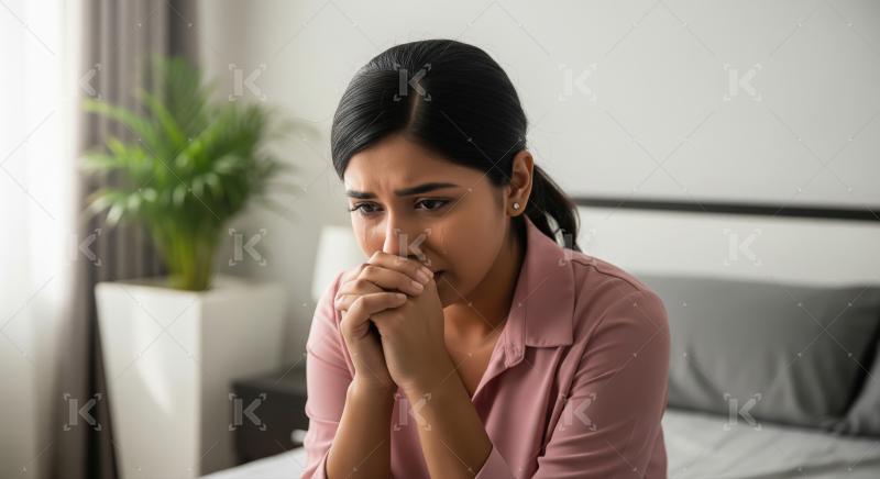 Young woman crying and sitting alone at home