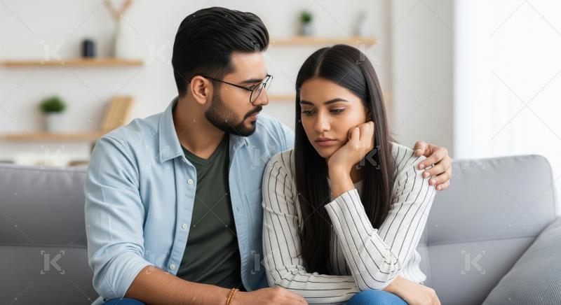 A young man comforts his upset partner on the couch, offering su