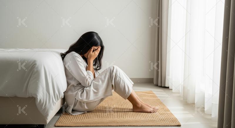 Young woman crying and sitting alone at home