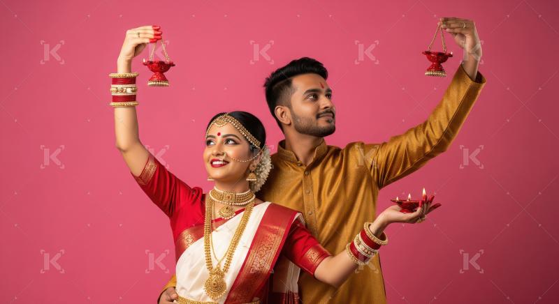 A traditionally dressed Indian couple poses gracefully holding f
