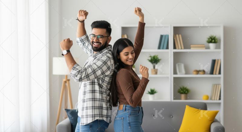 A young couple stands indoors, dancing with raised arms and smil