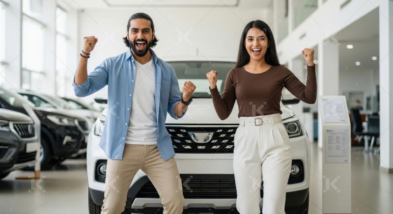 A young couple stands indoors, dancing with raised arms and smil