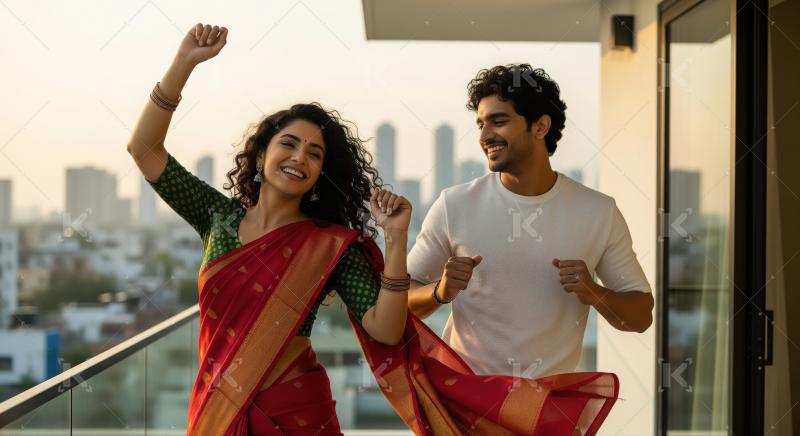 A young couple stands indoors, dancing with raised arms and smil