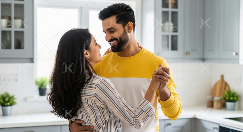 A young couple stands indoors, dancing with raised arms and smil