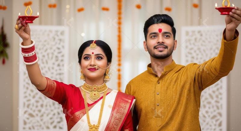 A traditionally dressed Indian couple poses gracefully holding f