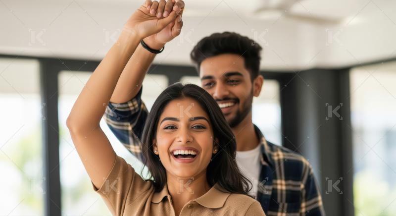 A young couple stands indoors, dancing with raised arms and smil