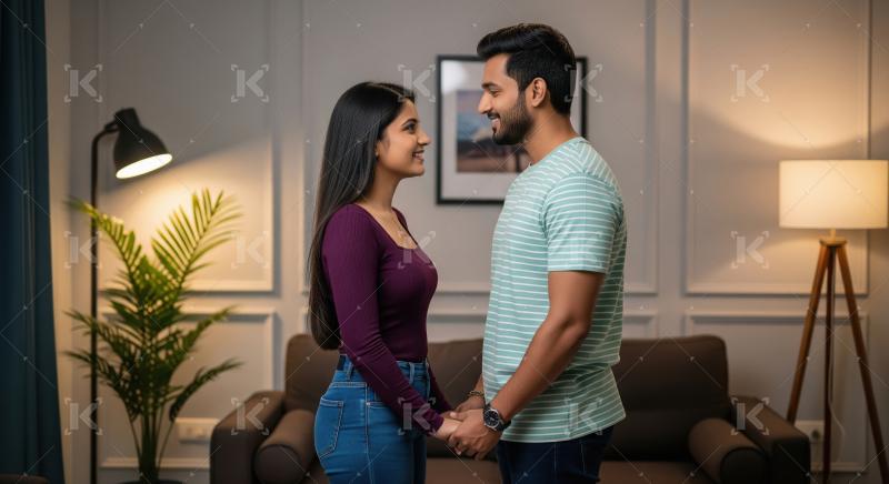 A young couple stands indoors, dancing with raised arms and smil