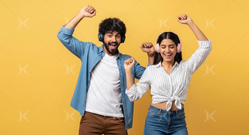 A young couple stands indoors, dancing with raised arms and smil