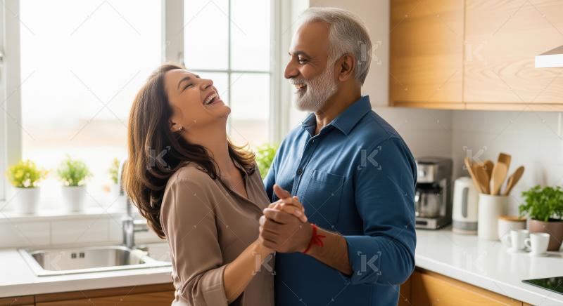 An older couple shares a joyful moment, laughing and dancing tog