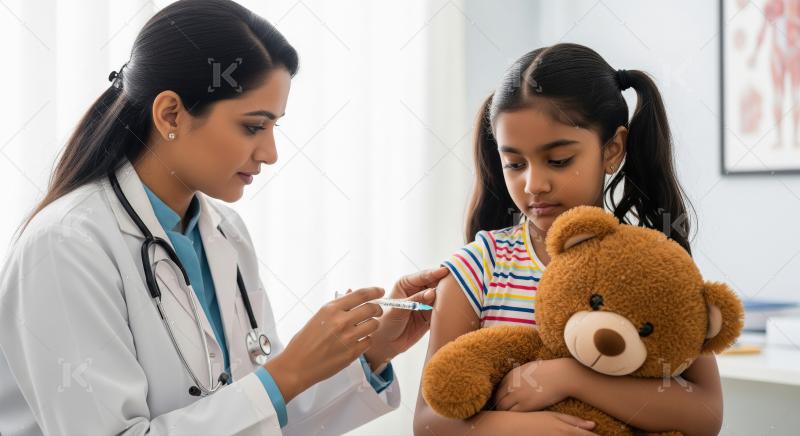 A caring female doctor gives a vaccination to a little girl hold