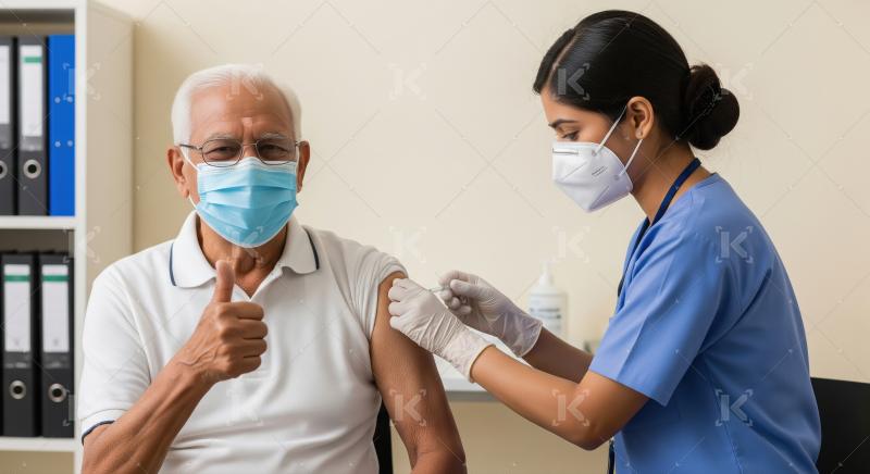 An elderly man gives a thumbs up while receiving a vaccination f