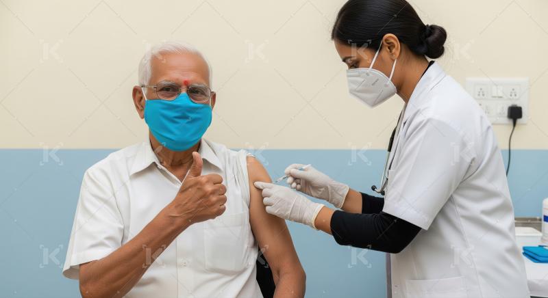 An elderly man gives a thumbs up while receiving a vaccination f