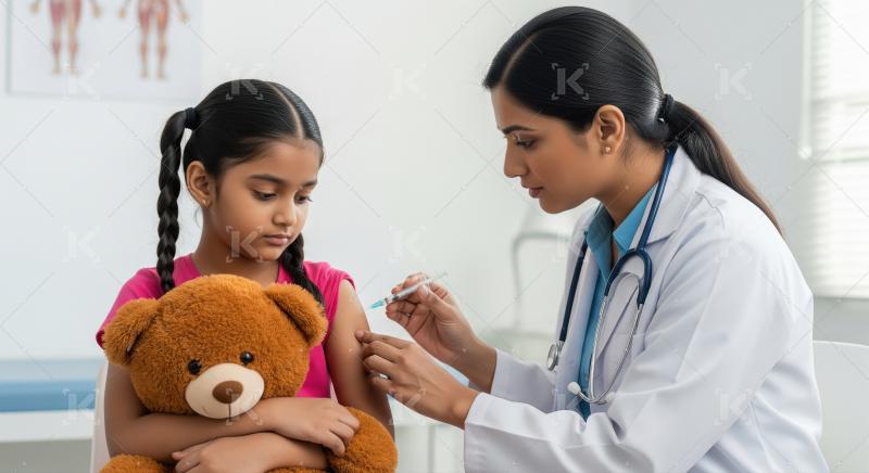 A caring female doctor gives a vaccination to a little girl hold