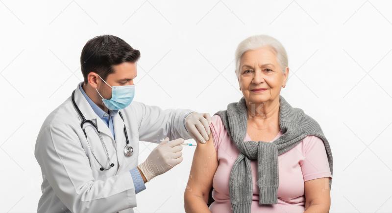 A male doctor in a white coat gives a vaccine injection to an el