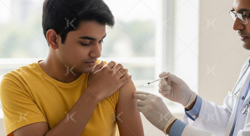 A male doctor administers a vaccine injection to a young man, en