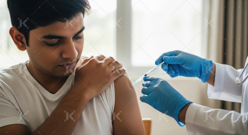 A male doctor administers a vaccine injection to a young man, en