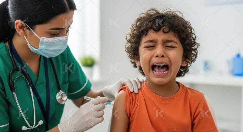 A nurse in green scrubs gently vaccinates a little boy, ensuring