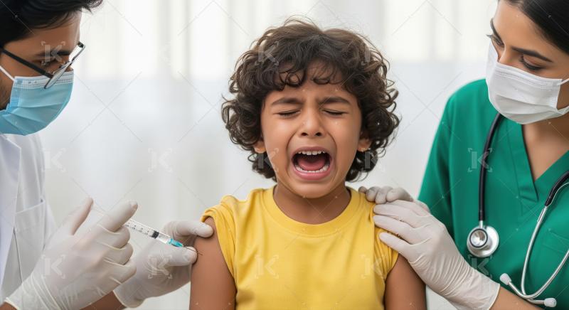 A nurse in green scrubs gently vaccinates a little boy, ensuring