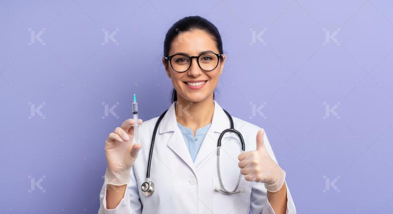 A confident female doctor wearing a white coat and blue gloves h