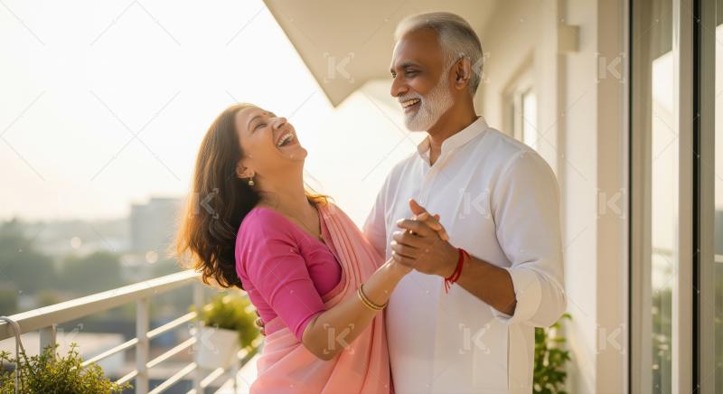 A mature couple enjoys a romantic dance together on a sunlit bal