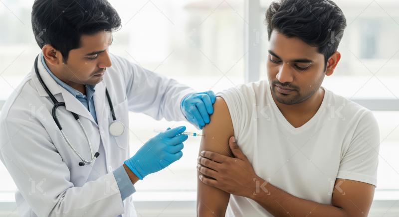 A doctor wearing blue gloves administers a vaccine injection to